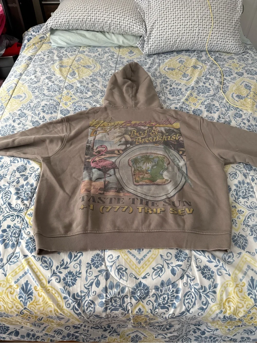 Triple 7 Mens Graphic Hoodie with Vintage-Inspired Print - Taupe
